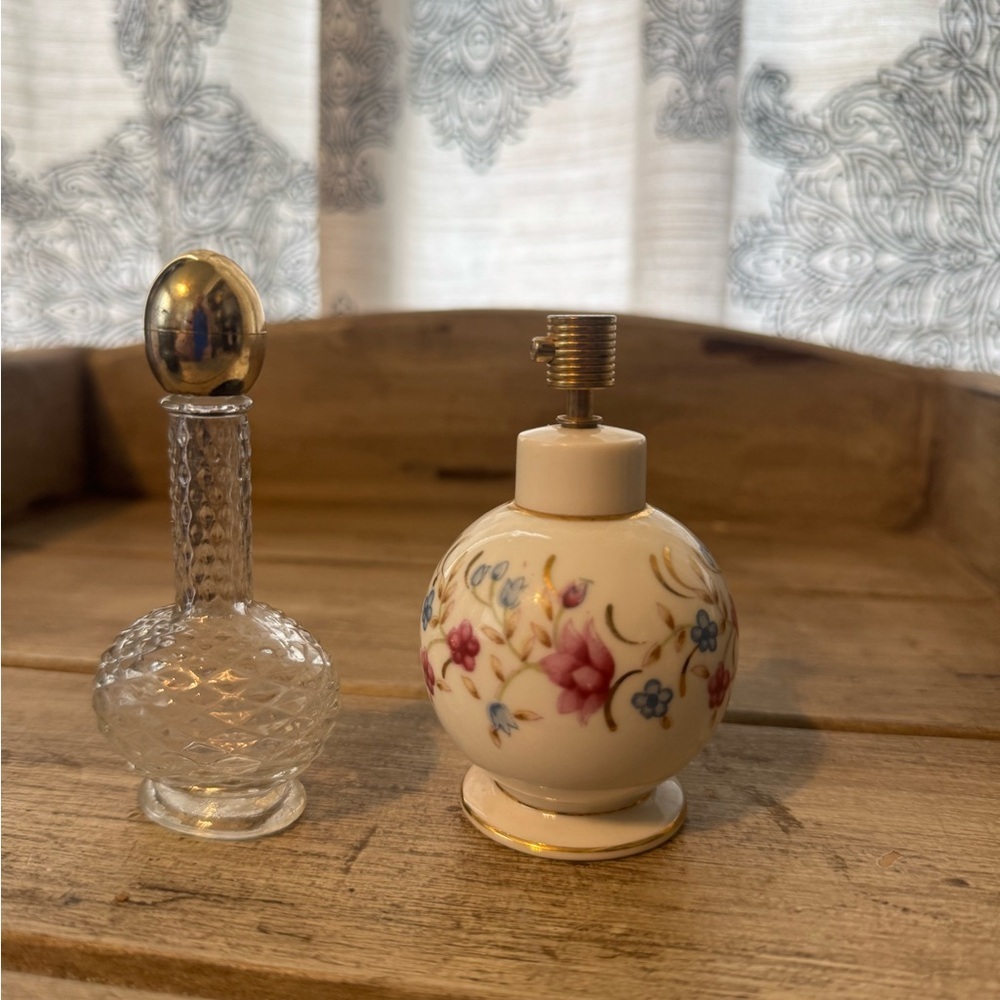 Vintage Floral Ceramic and Glass Perfume Bottle Set of 2